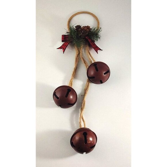 Unbranded Other - Rustic Jingle Bell Christmas Door Hanger With Pinecones & Plaid Ribbon
